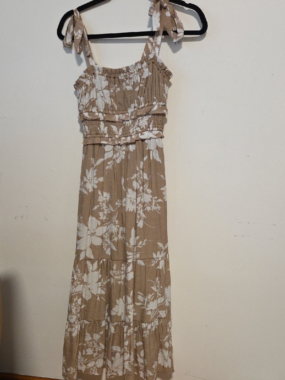 Sundance Beige and White Floral Tie-Shoulder Maxi Dress
